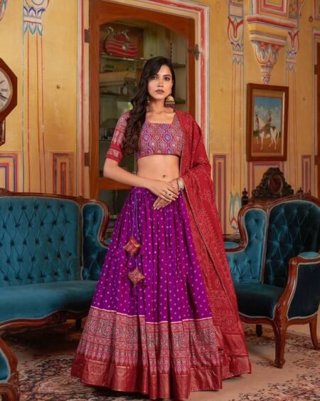 Malishka Export Womens Purple Dola Silk With Foil Print Lehenga Choli Set