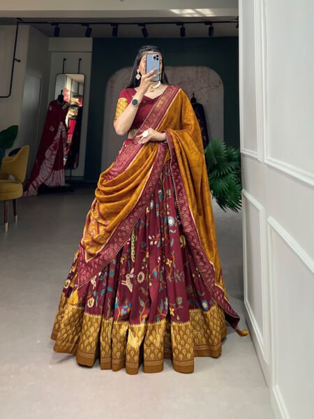 Malishka Export Womens Maroon Dola Silk With Foil Print Lehenga Choli Set