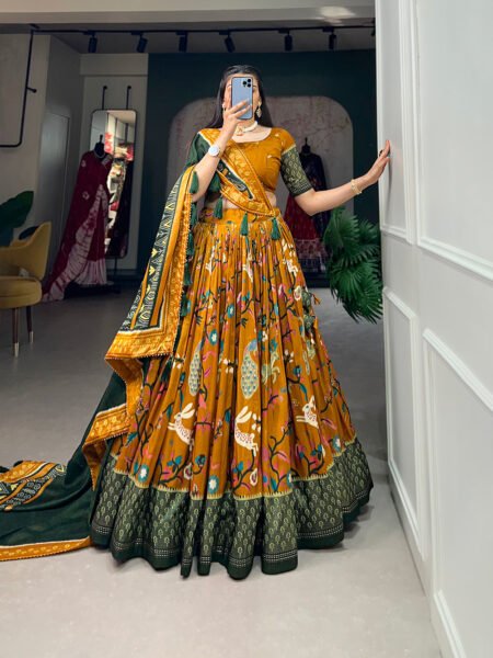 Malishka Export Womens Mustard Dola Silk With Foil Print Lehenga Choli Set