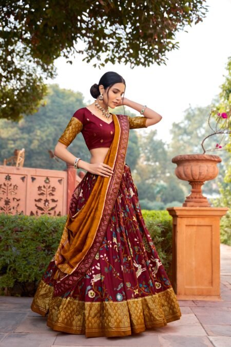 Malishka Export Womens Maroon Dola Silk With Foil Print Lehenga Choli Set
