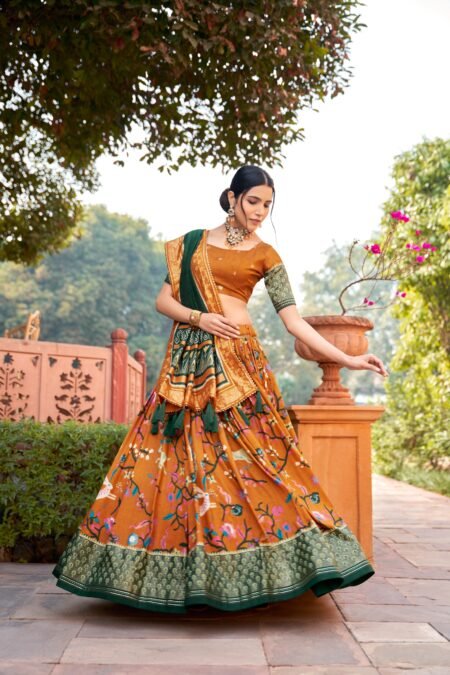 Malishka Export Womens Mustard Dola Silk With Foil Print Lehenga Choli Set