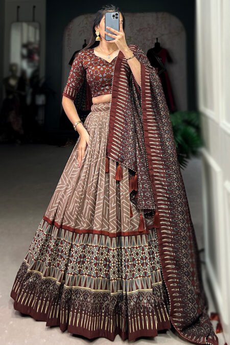 Malishka Export Womens Brown Dola Silk With Foil Print Lehenga Choli Set