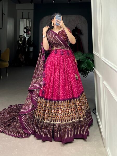 Malishka Export Womens Pink Dola Silk With Foil Print Lehenga Choli Set
