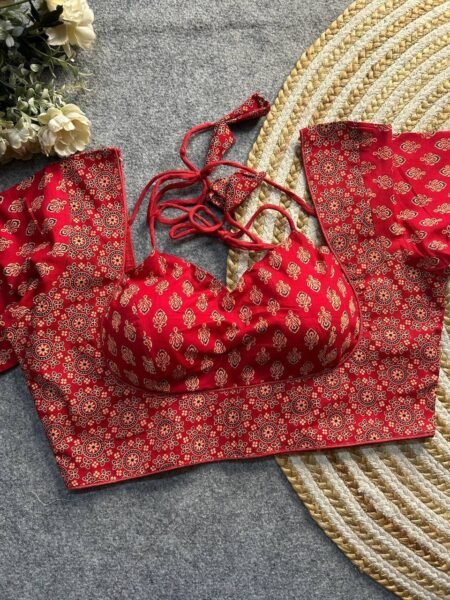 Malishka Export Women's Black Cotton Ajrakh Printed Readymade Blouse