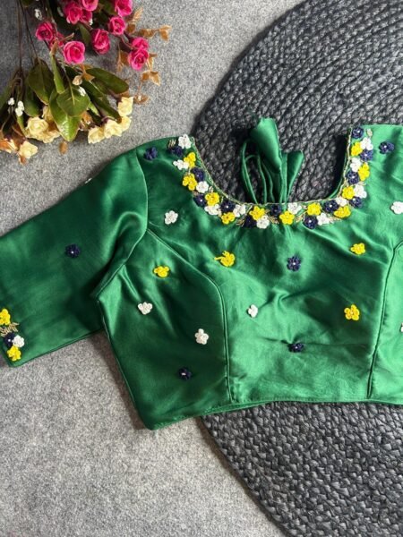 Malishka Export Women's Green Pure Silk Hand Work Readymade Blouse