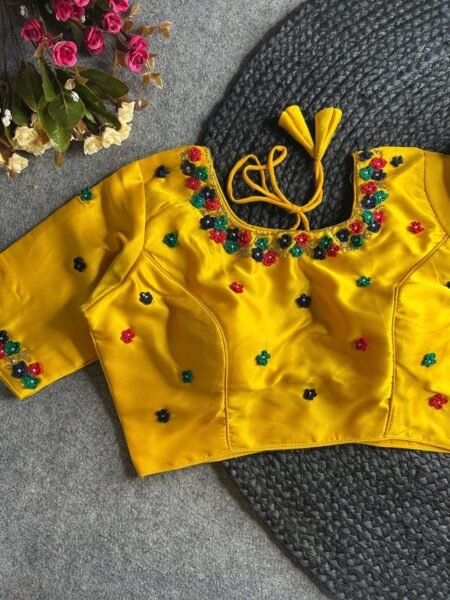 Malishka Export Women's Yellow Pure Silk Hand Work Readymade Blouse