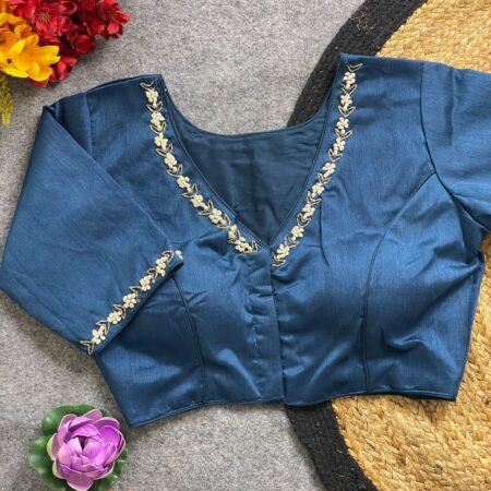 Malishka Export Women's Blue Pure Silk Hand Work Readymade Blouse