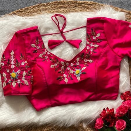 Malishka Export Women's Pink Banglori Silk Embroidery Readymade Blouse