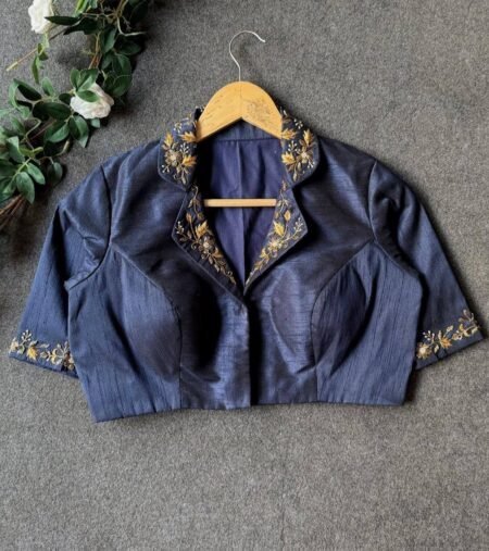 Malishka Export Women's Navy Blue Banglori Silk Hand Work Readymade Blouse