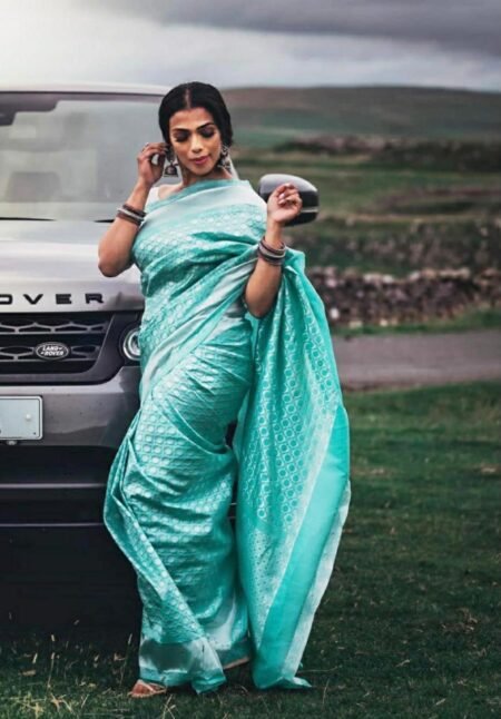 Malishka Export Jacquard Lichi Silk Sky Blue Saree With Unstiched Blouse Piece