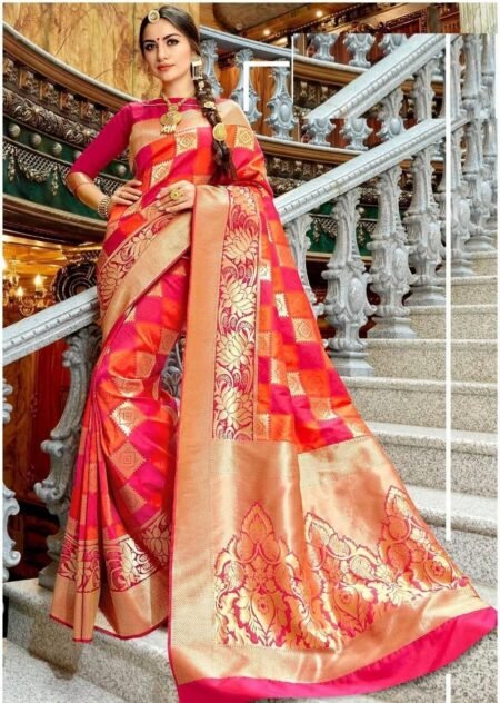 Malishka Export Jacquard Lichi Silk Pink Saree With Unstiched Blouse Piece