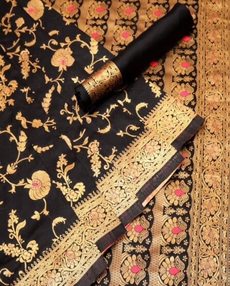 Malishka Export Jacquard Lichi Silk Black Saree With Unstiched Blouse Piece