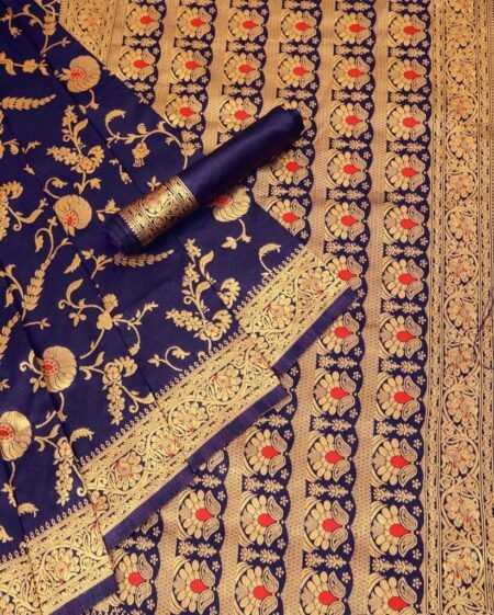 Malishka Export Jacquard Lichi Silk Blue Saree With Unstiched Blouse Piece