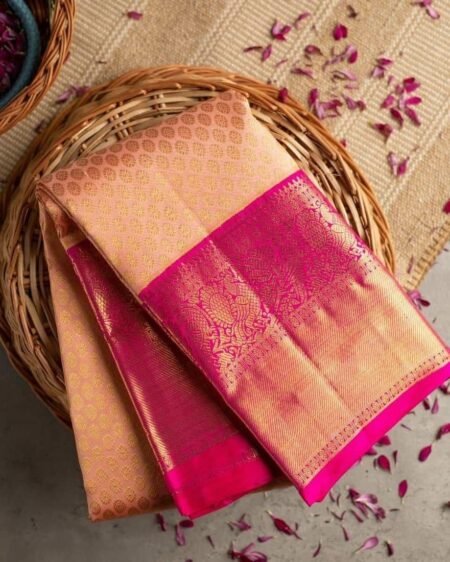 Malishka Export Jacquard Lichi Silk Peach Saree With Unstiched Blouse Piece