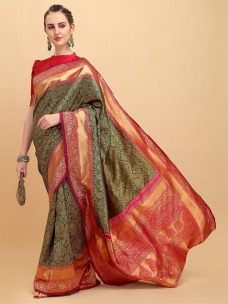 Malishka Export Jacquard Lichi Silk Green Saree With Unstiched Blouse Piece