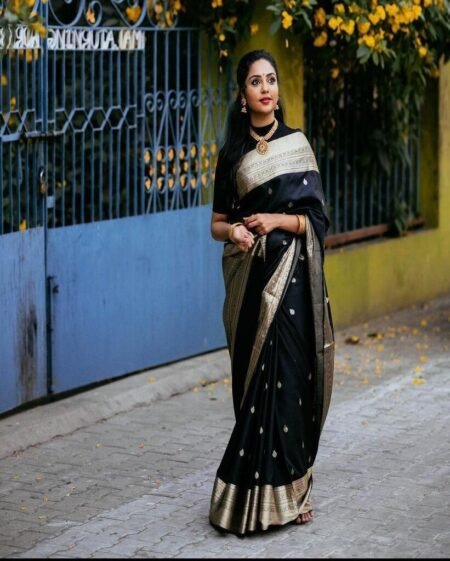 Malishka Export Jacquard Lichi Silk Black Saree With Unstiched Blouse Piece