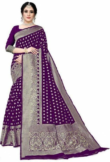 Malishka Export Jacquard Lichi Silk Purple Saree With Unstiched Blouse Piece