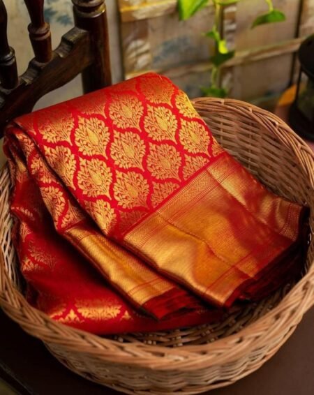 Malishka Export Jacquard Lichi Silk Red Saree With Unstiched Blouse Piece