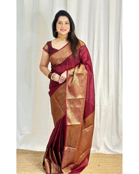 Malishka Export Jacquard Lichi Silk Maroon Saree With Unstiched Blouse Piece
