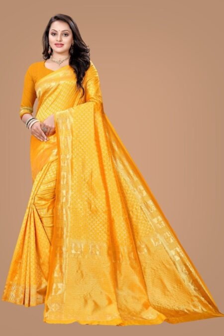 Malishka Export Jacquard Lichi Silk Yellow Saree With Unstiched Blouse Piece