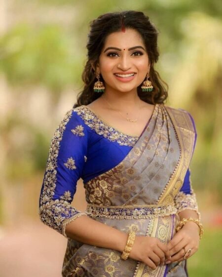 Malishka Export Jacquard Lichi Silk Beige Saree With Unstiched Blouse Piece