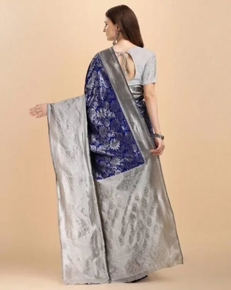 Malishka Export Jacquard Lichi Silk Blue Saree With Unstiched Blouse Piece