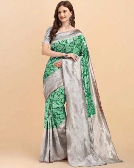 Malishka Export Jacquard Lichi Silk Green Saree With Unstiched Blouse Piece