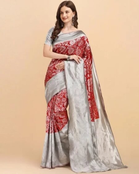 Malishka Export Jacquard Lichi Silk Red Saree With Unstiched Blouse Piece