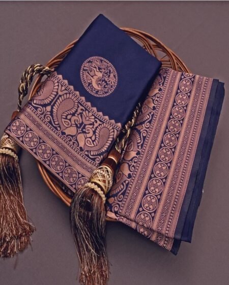 Malishka Export Jacquard Lichi Silk Navy Blue Saree With Unstiched Blouse Piece