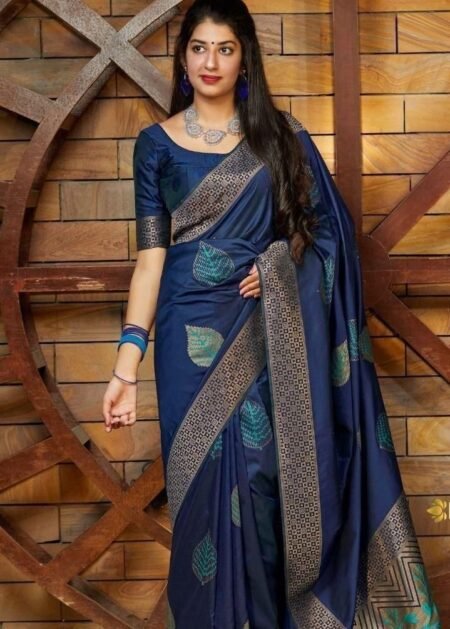 Malishka Export Jacquard Lichi Silk Navy Blue Saree With Unstiched Blouse Piece