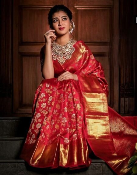 Malishka Export Jacquard Lichi Silk Red Saree With Unstiched Blouse Piece