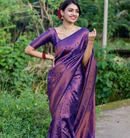 Malishka Export Jacquard Lichi Silk Purple Saree With Unstiched Blouse Piece