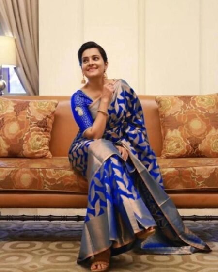 Malishka Export Jacquard Lichi Silk Blue Saree With Unstiched Blouse Piece