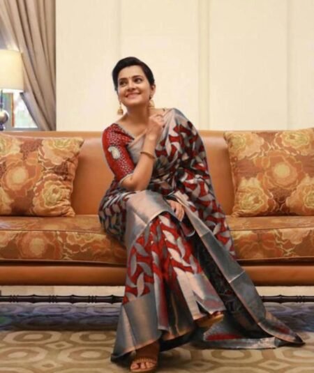 Malishka Export Jacquard Lichi Silk Red Saree With Unstiched Blouse Piece