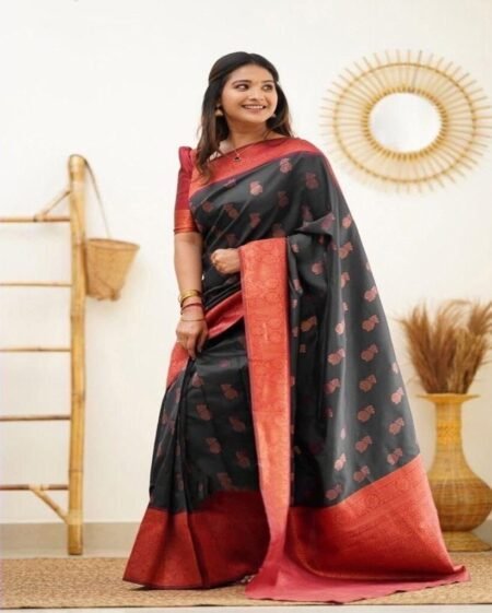 Malishka Export Jacquard Lichi Silk Black Saree With Unstiched Blouse Piece