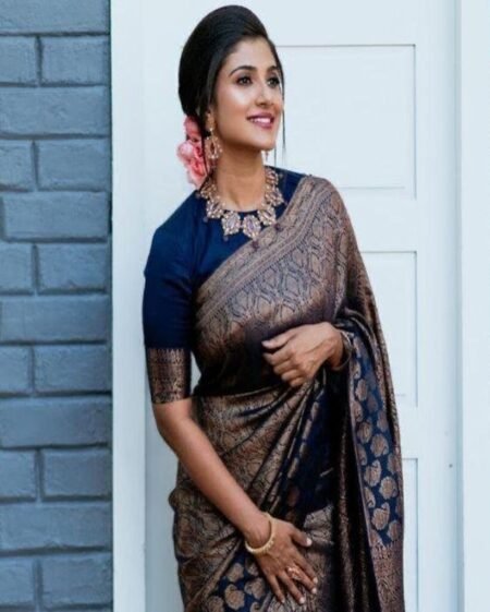 Malishka Export Jacquard Lichi Silk Navy Blue Saree With Unstiched Blouse Piece