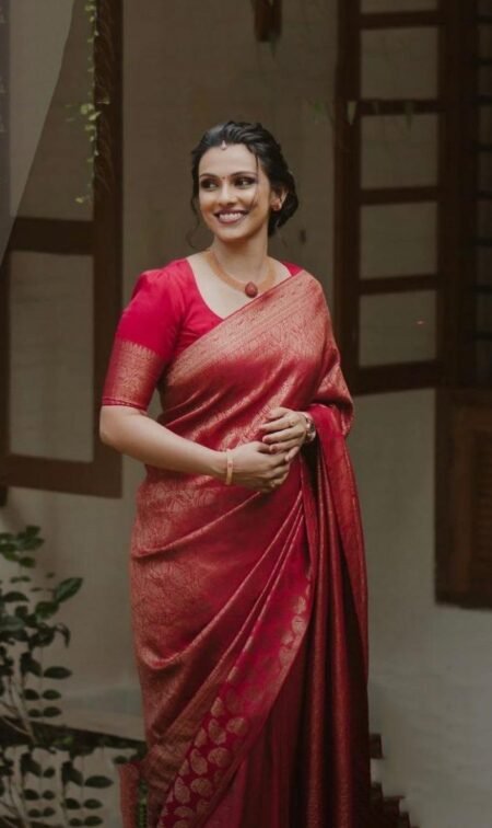 Malishka Export Jacquard Lichi Silk Red Saree With Unstiched Blouse Piece