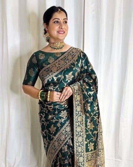 Malishka Export Jacquard Lichi Silk Green Saree With Unstiched Blouse Piece