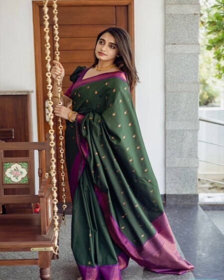 Malishka Export Jacquard Lichi Silk Green Saree With Unstiched Blouse Piece