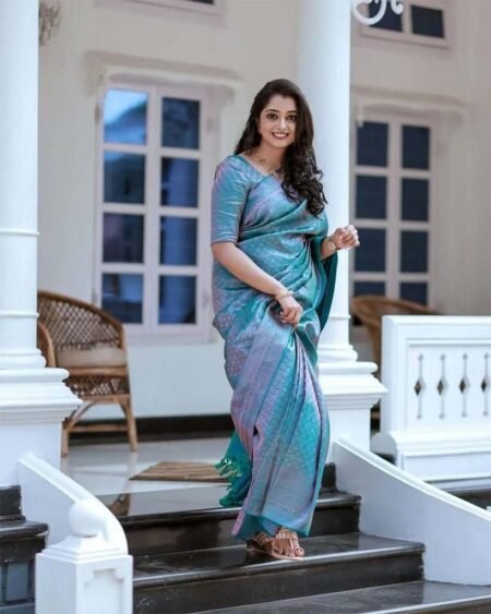 Malishka Export Jacquard Lichi Silk Sky Blue Saree With Unstiched Blouse Piece