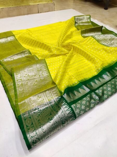 Malishka Export Jacquard Lichi Silk Lemon Saree With Unstiched Blouse Piece
