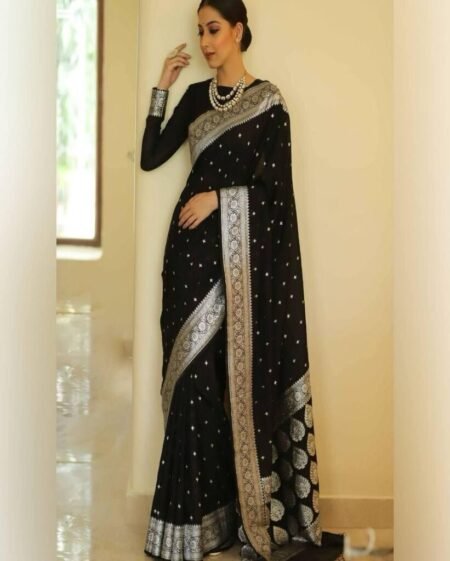 Malishka Export Jacquard Lichi Silk Black Saree With Unstiched Blouse Piece