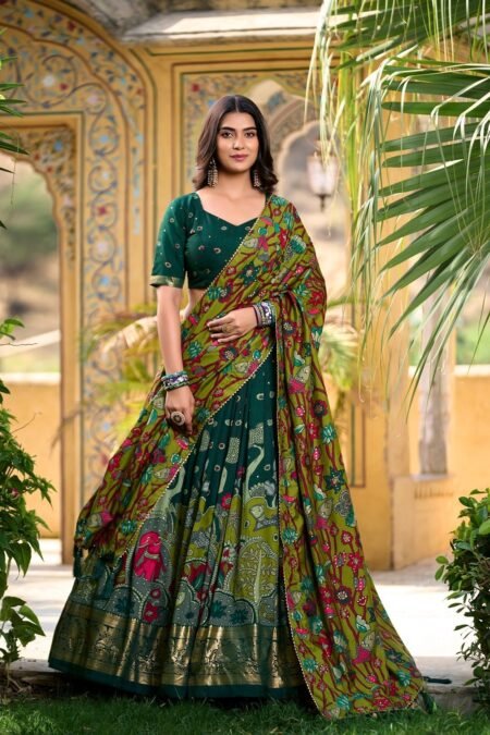 Malishka Export Womens Green Dola Silk With Foil Print Lehenga Choli Set
