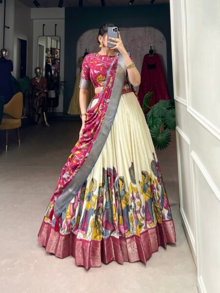 Malishka Export Womens White Dola Silk With Jacquard Lehenga Choli Set