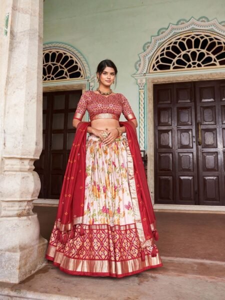 Malishka Export Womens Red Dola Silk With Foil Print Lehenga Choli Set