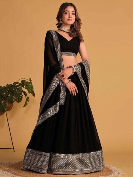 Avantini Women?s Black Faux Georgette With Embroidered Lehenga Choli Set