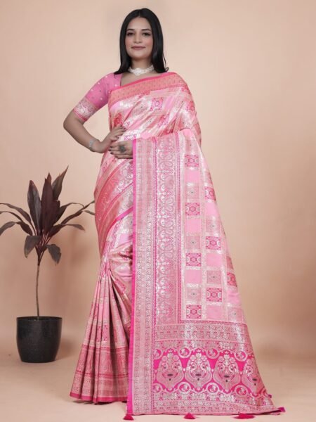 Avantini Baby Pink Banarasi Silk Saree with Rich Silver Zari Detailing With Unstitched Blouse Piece