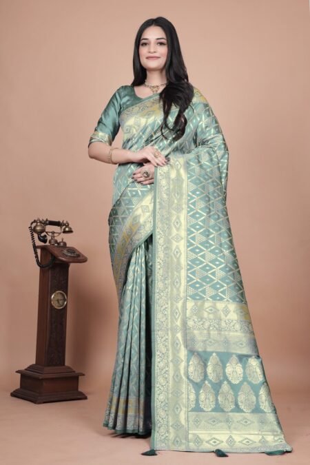 Avantini Pastel Green Banarasi Silk Saree with Golden Zari Geometric & Floral Weaves With Unstitched Blouse Piece