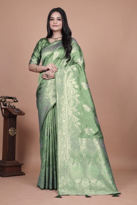 Avantini Mint Green Banarasi Silk Saree with Golden Zari Weaving With Unstitched Blouse Piece