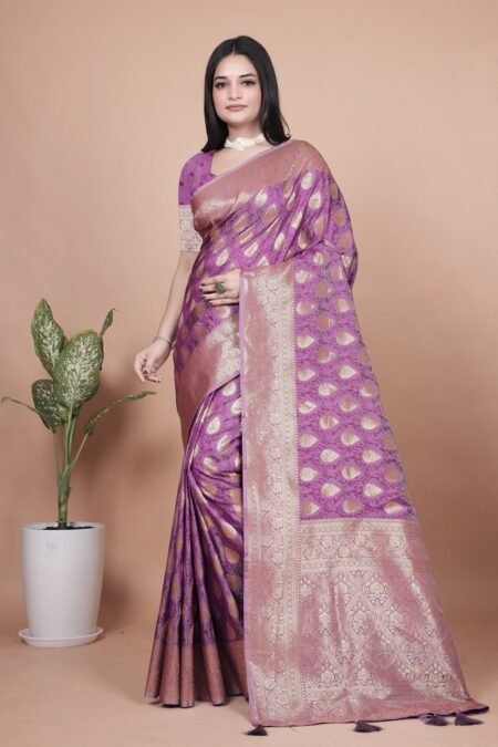 Avantini Royal Purple Banarasi Silk Saree with Golden Zari Butta Weaving With Unstitched Blouse Piece